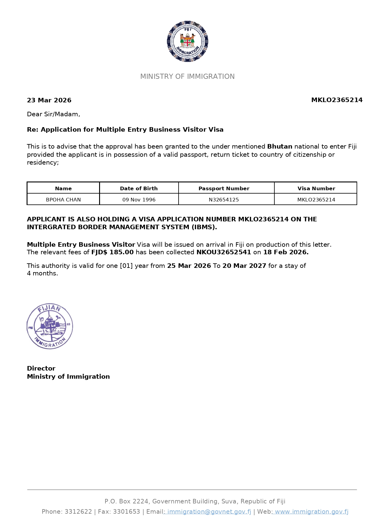 Fiji Business Evisa Sample