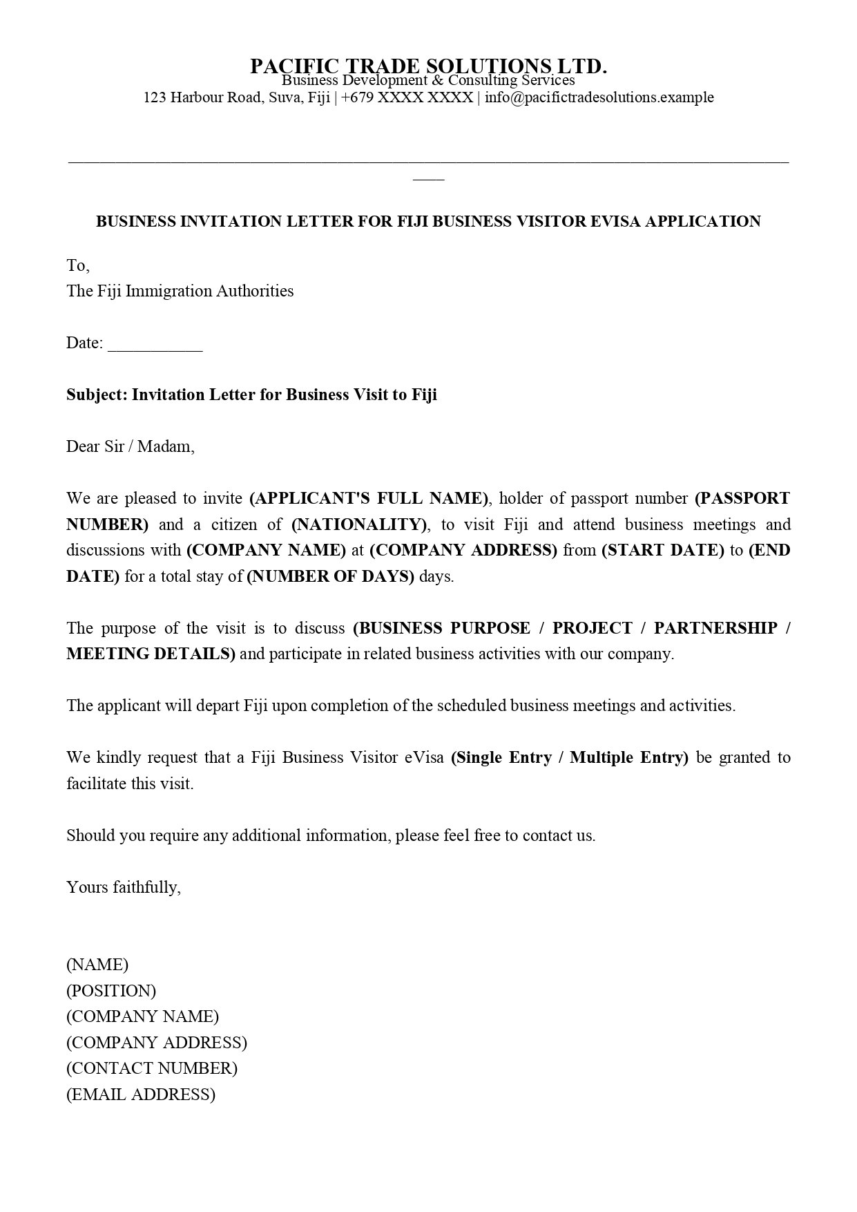 Fiji Business Visitor Evisa Invitation Letter