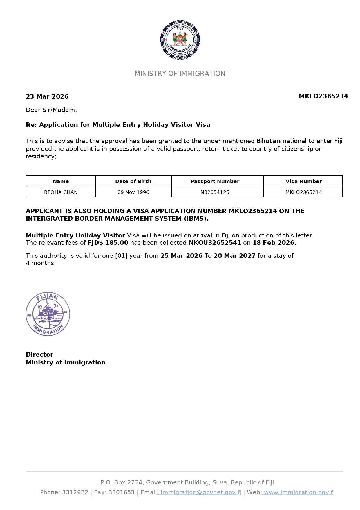 Fiji Holiday Visitor Visa Sample