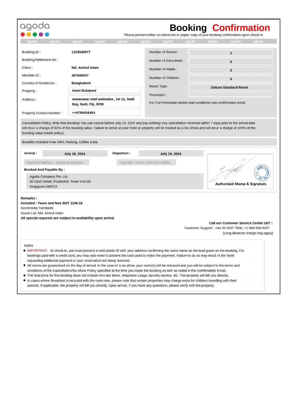 Fiji Hotel Booking Confirmation