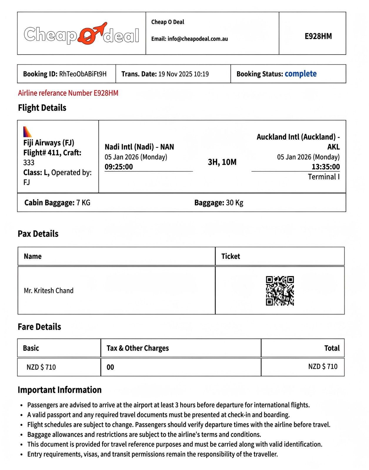 Fiji Onward Flight Ticket