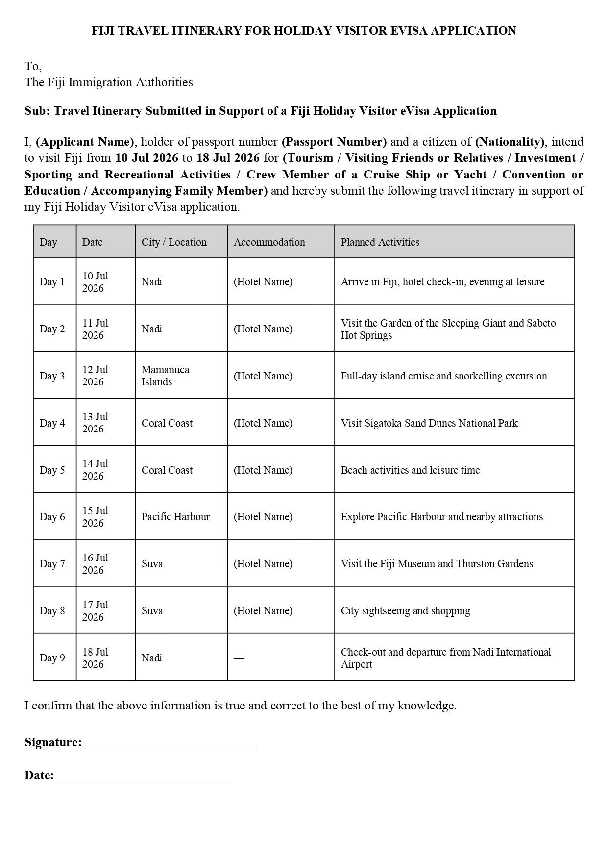 Fiji Travel Itineary For Holiday Visitor Visa